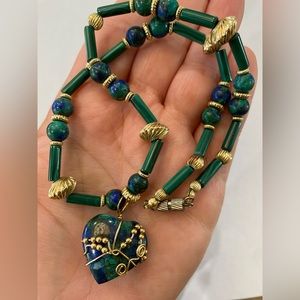 Green Blue Malachite Gold Heart Pendant Necklace stone vintage statement